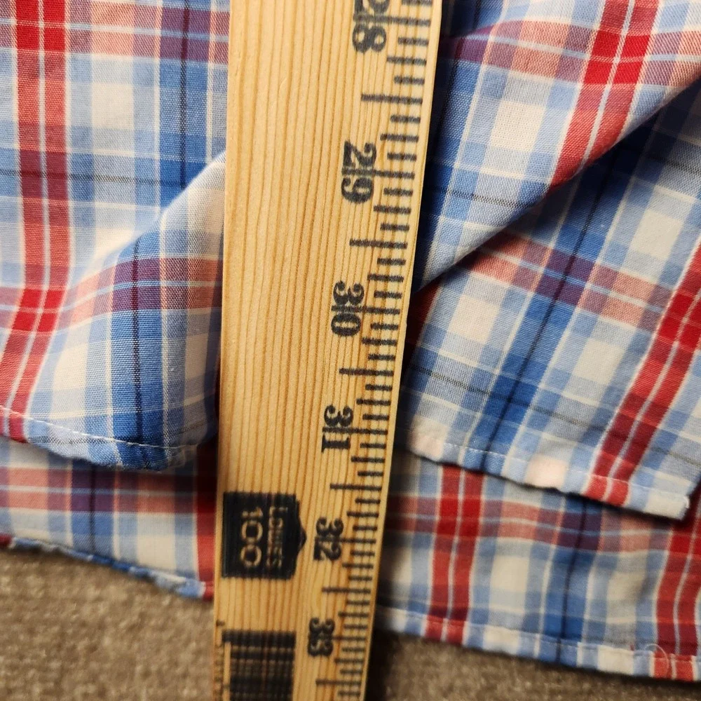 Saddlebred Button Down Shirt Mens LT Blue Red Plaid Short Sleeve Classic Fit
